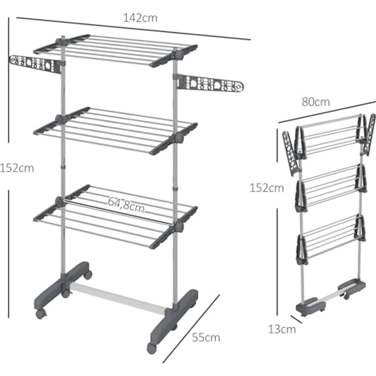 HOMCOM Wäschetrockner Turm Wäscheständer mit Rollen, 3 Ebenen, Klappbarer Standtrockner mit Seitenflügel, Stahl Grau 142 x 55 x 152 cm – Bild 5