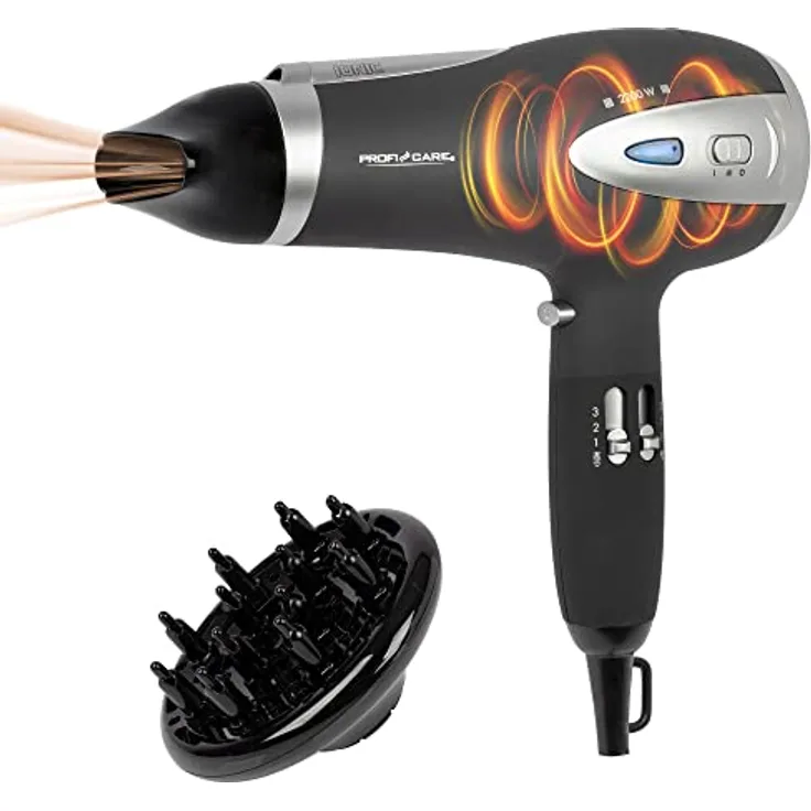ProfiCare® Haartrockner mit Ionisierungsfunktion 2200W | extra leichter Reiseföhn 3 Leistungsstufen und 2 Gebläsestufen | Haarföhn inkl. Cool-Shot | Föhn mit Diffusor & Formdüse | PC HTD 3113 schwarz