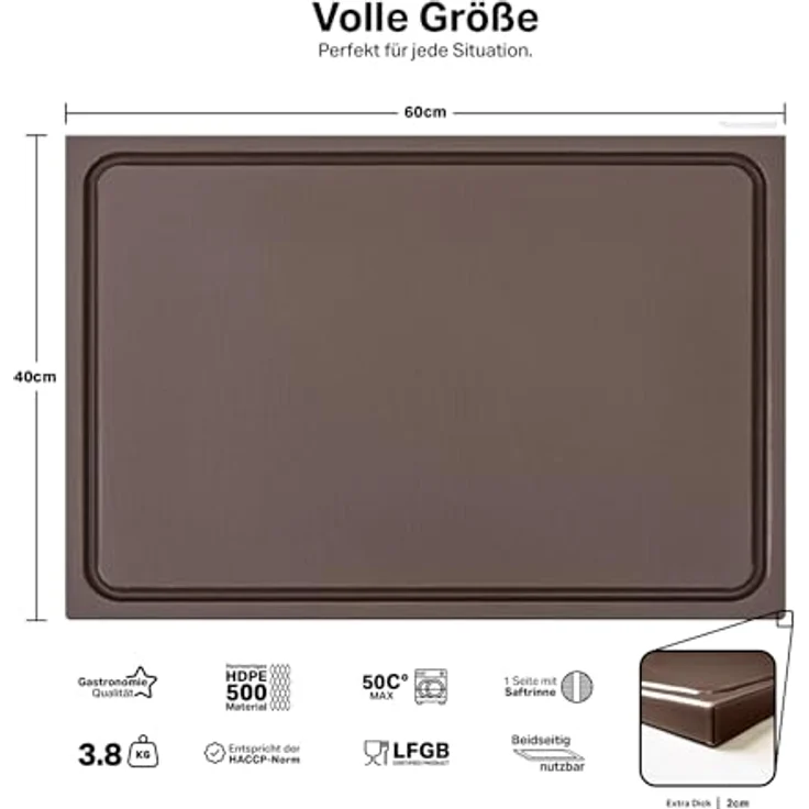 MUVELL Schneidebrett HDPE500, Kunststoff, 60 x 40 x 2 cm, rutschfest, hygienisch, spülmaschinengeeignet – Bild 3