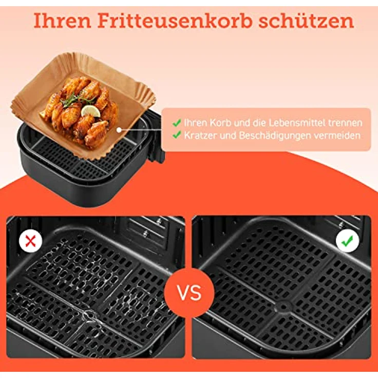 COSORI Backpapier für Heißluftfritteuse 4,5-6L, 100 Stück, 20cm, Ungebleichte und antihaftbeschichtete quadratische Einwegpapier für Airfryer, Backofen, Mikrowelle, Dampfgarer, Öl- und wasserdicht – Bild 4