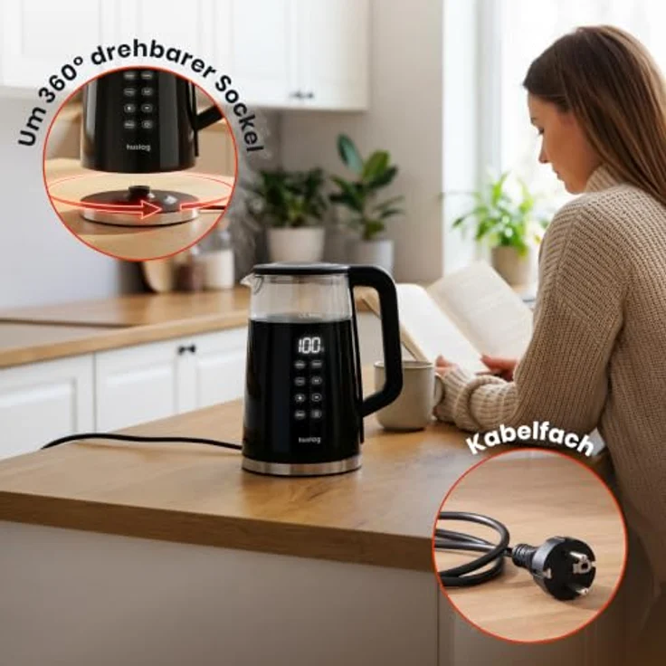 Huslog Elektrischer Wasserkocher 1,7L mit Temperaturanzeige, 2200W Touchpanel aus Glas – Bild 5