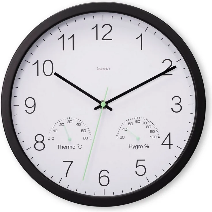 Hama Wanduhr "Santorini", geräuscharm, Ø 30cm, Schwarz, mit Thermo- und Hygrometer – Bild 1