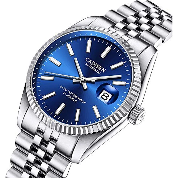 CADISEN Herren Automatikuhr, Elegante mechanische Uhr mit Saphirglas, Kalender und Edelstahlarmband, wasserdicht bis 50 m, Blau – Bild 2