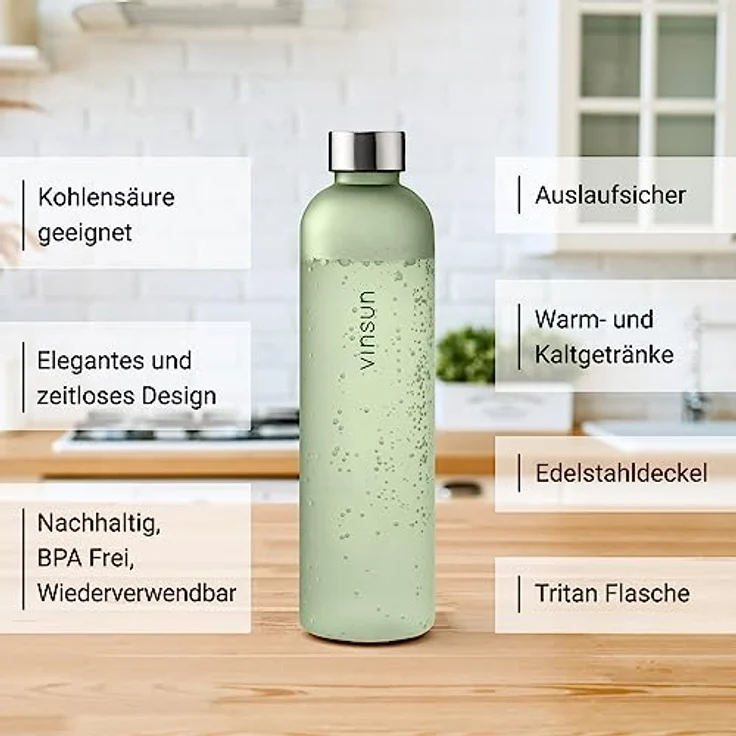 VINSUN Trinkflasche 650ml grün - wiederverwendbar, Kohlensäure geeignet, BPA frei, Tritan - nachhaltige Getränke Flasche für Sport, Outdoor, Schule, Uni, Fahrrad, Büro, Gym – Bild 2