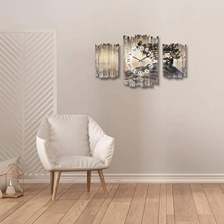 Kreative Feder Einsamer Baum Natur Beige Shabby chic Landhaus Dreiteilige Designer Funk Wanduhr leise Funkuhr ohne Ticken 95 x 60 cm aus MDF-Holz DTWH017FL (leises Funkuhrwerk) – Bild 3