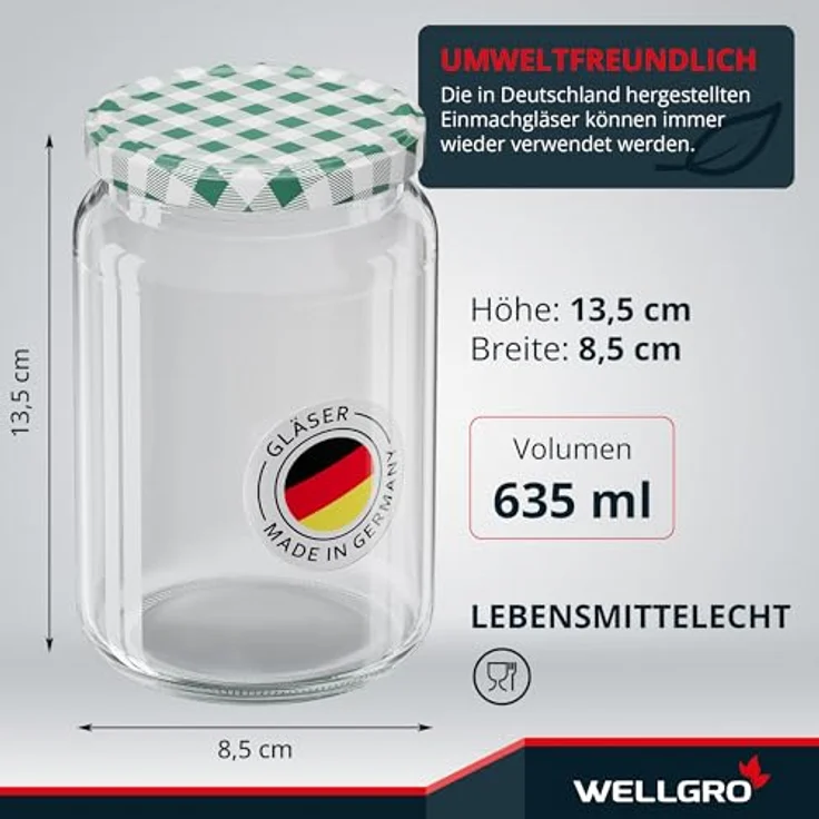 WELLGRO 6x Einmachgläser mit Schraubdeckel, 635ml, grün karierte To 82 Deckel, Made in Germany, luftdicht, spülmaschinengeeignet – Bild 2