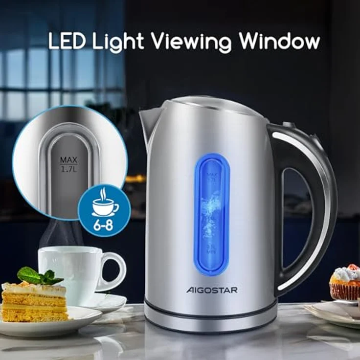 Aigostar King 30A Wasserkocher aus Edelstahl mit LED Beleuchtung 2200 W 1,7 L Silver – Bild 3