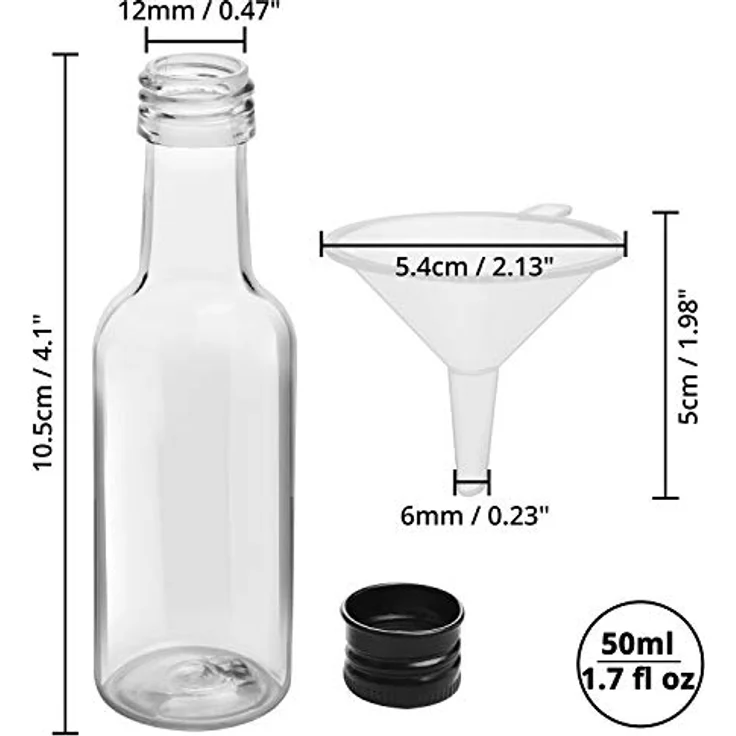 Belle Vous Mini Fläschchen Kunststoff Likörflaschen 24 Stk - 50ml, Plastik Wiederverwendbar, leere kleine Schnapsflaschen mit Schwarzem Deckel u. Trichter für Hochzeiten,Party, Kunst, Events – Bild 2