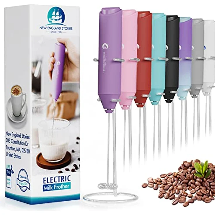 New England Stories Elektrischer Hand-Milchaufschäumer, batteriebetriebener Schneebesen für Kaffee, Cappuccino, Latte, Matcha und heiße Schokolade, mit Ständer, Hellviolett – Bild 1