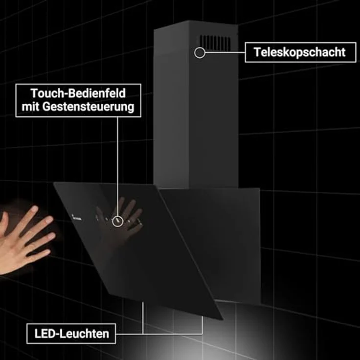 KKT KOLBE TRIO6025S Dunstabzugshaube 60cm, Kopffrei, Umluft/Abluft, 782cbm/h, Schwarz mit Gestensteuerung und LED-Beleuchtung – Bild 3
