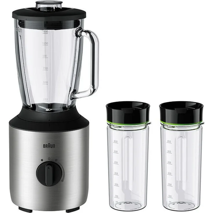 Braun PowerBlend 3 JB 3272 Standmixer 1,5 l Glas-Mixaufsatz, Küchenhelfer zum Zerkleinern, Pürieren & Mixen, inkl. 2 Smothie2Go Flaschen, 800 Watt, Edelstahl