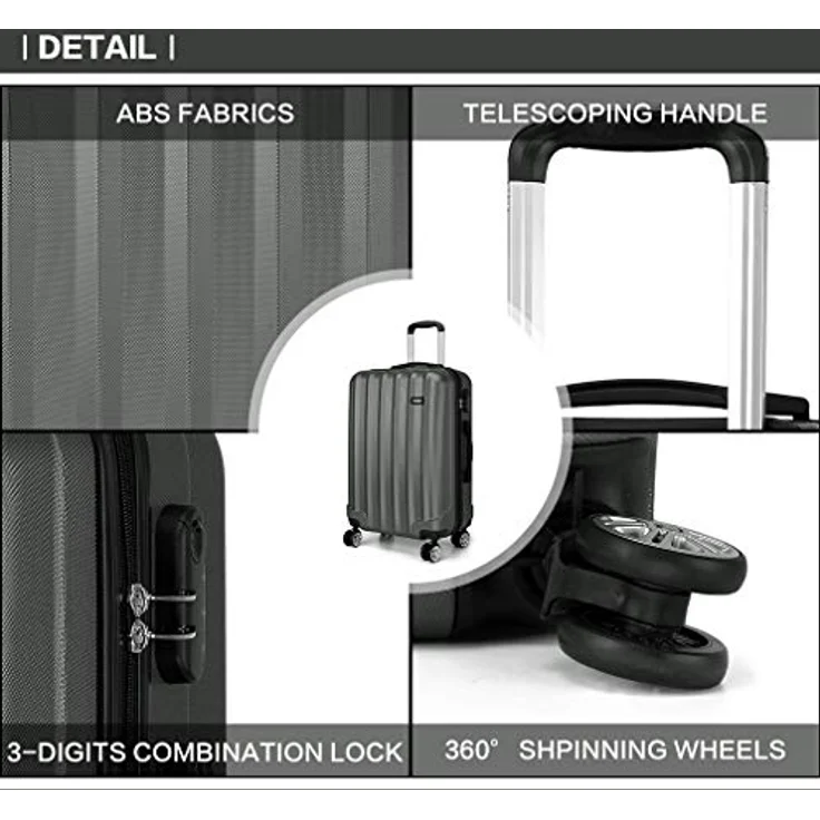 KONO Koffer Trolley Mittelgroß Hartschale ABS Reisekoffer Rollkoffer Suitcase (Grau, L) – Bild 4