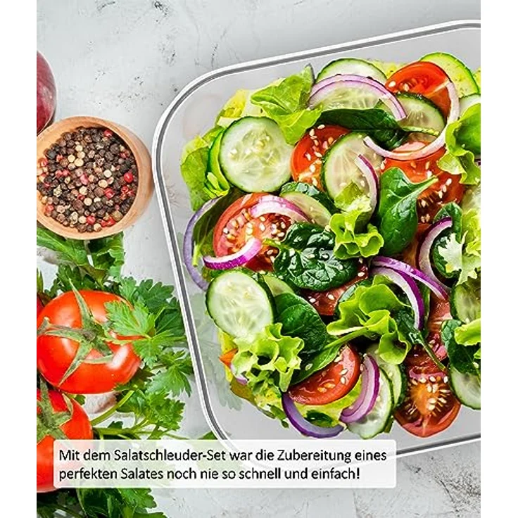 Genius Nicer Dicer Chef Professional Salatschleuder mit Deckel | Set 4-tlg. Zubehör, Auffangbehälter, Schleudersieb, 5.2 L Fassungsvermögen, Gemüseschleuder, Salatschüssel, Salattrockner Transparent – Bild 2