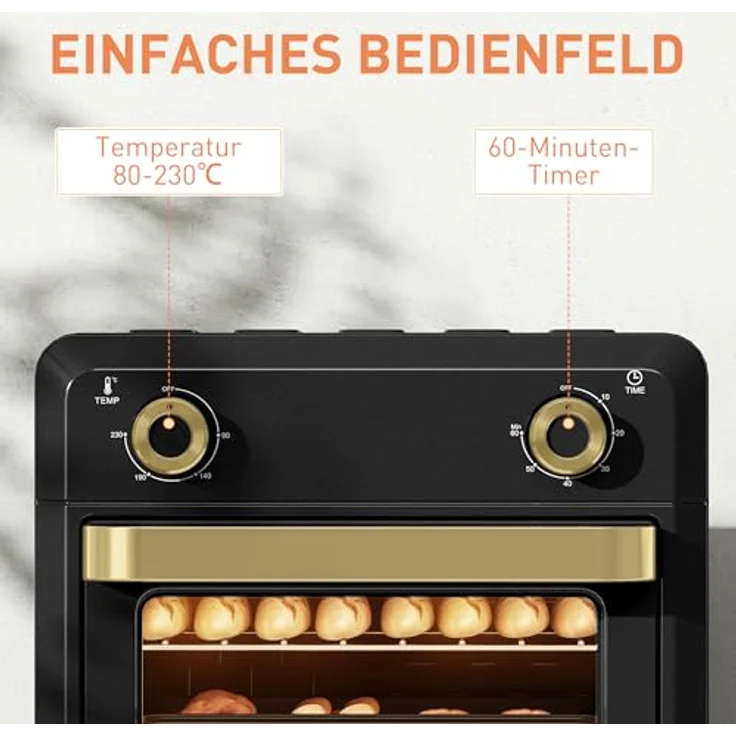 HOMCOM Minibackofen mit Umluft, 10L Heißluftfritteuse, 60-Min-Timer, 80-230℃, 3 Einschubebenen, spülmaschinenfestes Zubehör, 1000W, schwarz – Bild 5