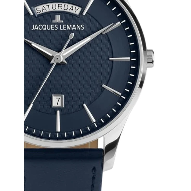 JACQUES LEMANS London 1-2193C, Herren-Armbanduhr mit blauem Lederarmband, Edelstahlgehäuse und Quarzwerk, Kalenderfunktion – Bild 2