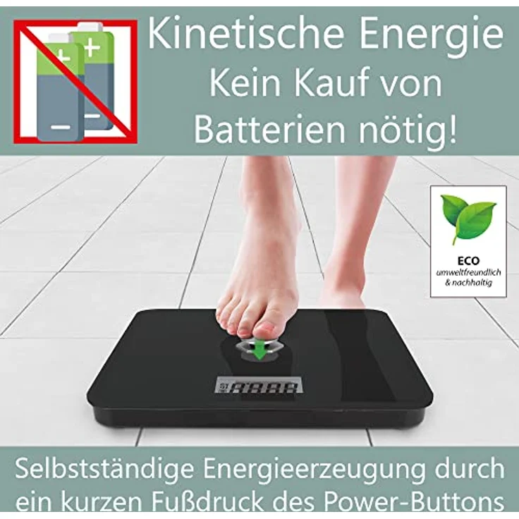 ProfiCare® Personenwaage ohne Batterie, Waage mit Messbereich von 5g – 180 kg und großem LCD-Display, Personenwaage digital mit kinetischer Energie und Glasoberfläche – PC-PW 3112 schwarz – Bild 2