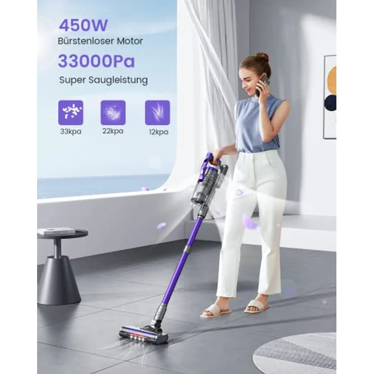 HONITURE Akku Staubsauger Kabellos mit 33000PA Starker Saugleistung, Kabelloser Staubsauger Akku Bis zu 55 Minuten Laufzeit / 450W / für Hartböden und Teppiche, S12 – Bild 2