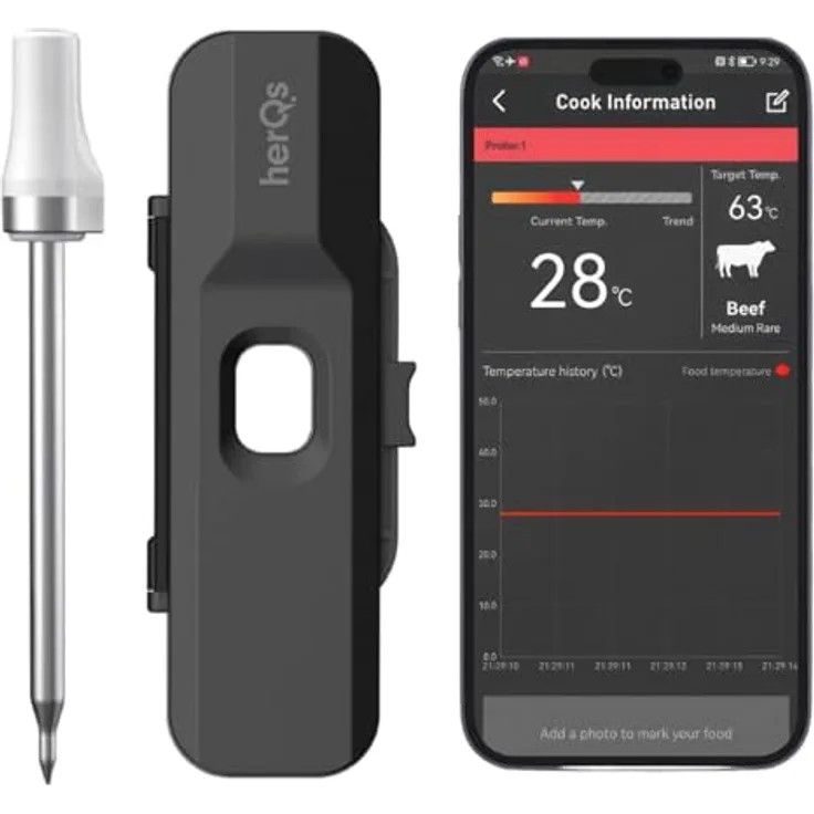 HerQs Pin Probe - Grillthermometer - Kabelloses Fleischthermometer - Kerntemperaturmesser - bis zu 500°C - 100m Bluetooth - Meater - Für Grill, Ofen, Pfanne, Heißluftfritteuse und Sous-Vide