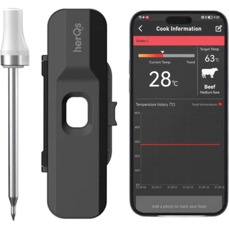 HerQs Pin Probe - Grillthermometer - Kabelloses Fleischthermometer - Kerntemperaturmesser - bis zu 500°C - 100m Bluetooth - Meater - Für Grill, Ofen, Pfanne, Heißluftfritteuse und Sous-Vide – Bild 1