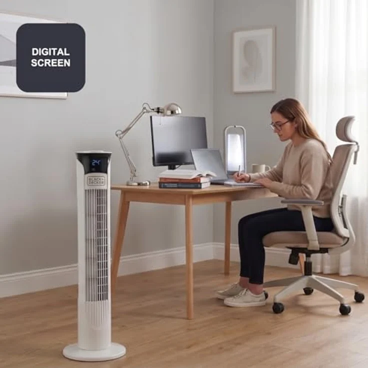 Black + Decker BXEFT48E - Digitaler oszillierender Turmventilator mit Fernbedienung, 81 cm hoch, 3 Geschwindigkeitsstufen, 3 Modi, Zeitschaltuhr 12 h, Leistungsstark, weiß. – Bild 6