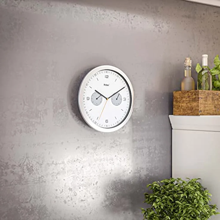 Mebus Quarz-Wanduhr mit Thermometer und Hygrometer / Kunststoff / Rund / Modell: 16102 / Farbe: Silber, 26 cm Durchmesser – Bild 4