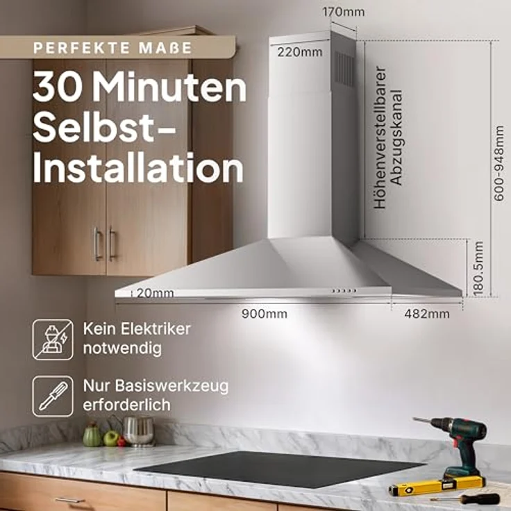 LEVIVO Dunstabzugshaube 90 cm, Umluft & Abluft, 410 m³/h Luftleistung, 2 Aktivkohlefilter, 3 Fettfilter, Wandhaube mit 3 Stufen, Edelstahl – Bild 7