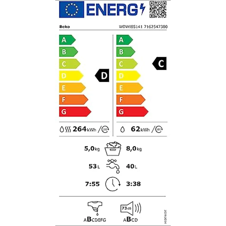 Beko WDWI85141, Waschtrockner, Energieeffizienzklasse D, Standgerät, Breite 60 cm, Geräuschemissionsklasse B – Bild 6