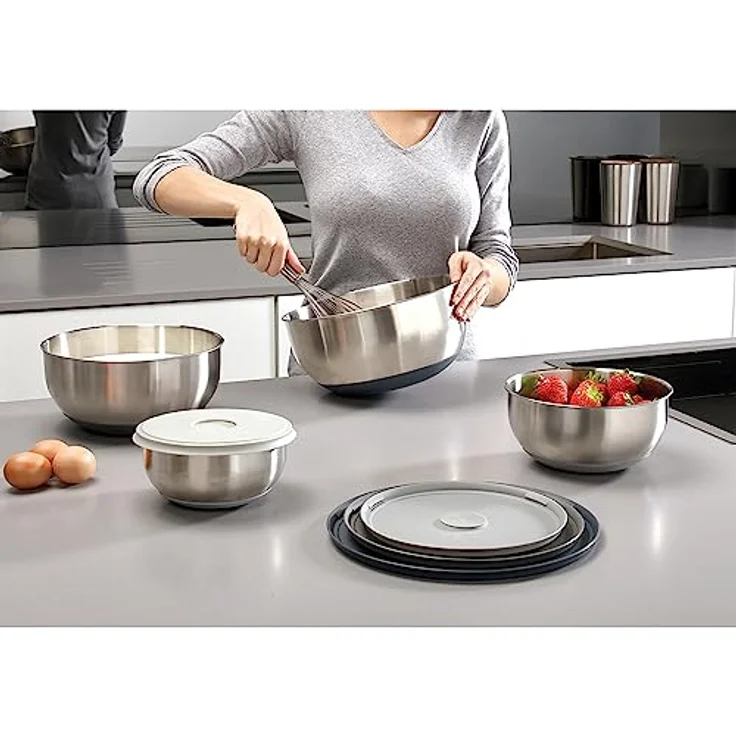 Joseph Joseph 4-teiliges Edelstahlschüsseln-Set mit Deckeln - Edelstahl, Silber – Bild 5