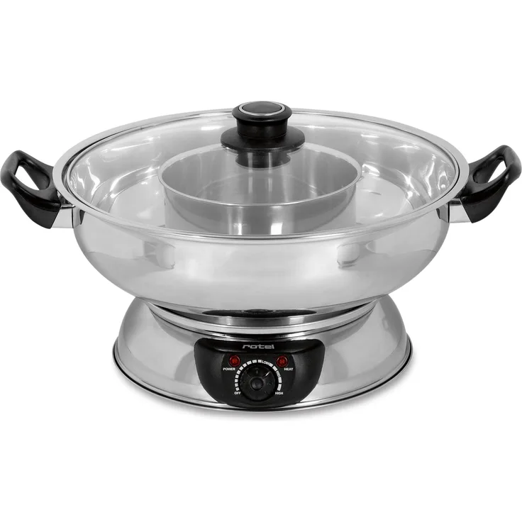 Rotel Mongolentopf Fondue Set, elektrischer Edelstahl-Topf mit 2,5 und 1 Liter Abteilen, Silber, inklusive 6 Fondue-Sieben und -Gabeln