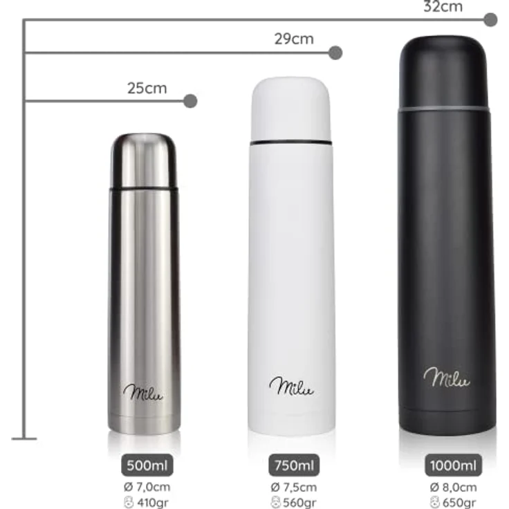 Milu Thermosflasche Thermoskanne Isolierflasche 1L - Isolierte Edelstahl Trinkflasche, 100% Auslaufsicher, Doppelwandisolierung (Edelstahl, 1000 ml) – Bild 5