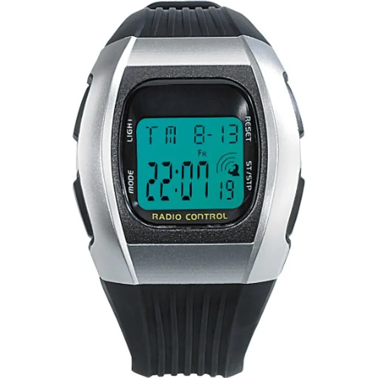 PEARL SW-640 dcf Funkarmbanduhr, Digitale Unisex-Sport-Funkuhr mit LCD-Display, schwarz/silber, chronographisch, spritzwassergeschützt, viele Extra-Features