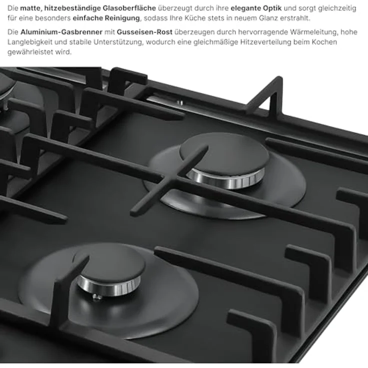 KB ELEMENTS Gasherd 4 Flammig, Einbau-Gaskocher mit digitalem Gas-Stop-Timer, Matt Schwarz, für Propan- und Erdgas, inkl. Wok Brenner und Gusseisenrost – Bild 5