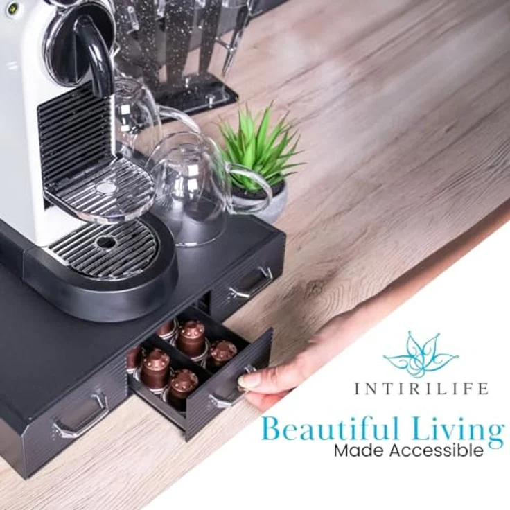 INTIRILIFE Kaffee Kapselhalter in Schwarz - 3 Schubladen, 34.2 x 32.6 x 6.4 cm - für Nesspresso (48 Stück) oder K-Cup (36 Stück) - Aufbewahrungsbox für Kaffee Kapseln Pads – Bild 4
