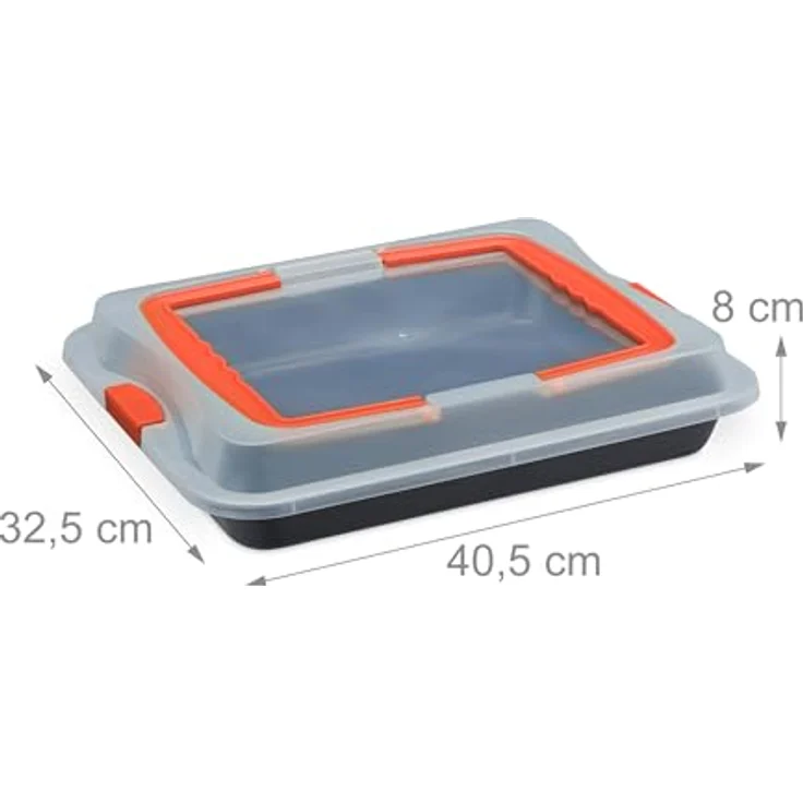 relaxdays Backblech mit Deckel, 3-in-1 Kuchenform aus Carbon-Stahl, rot, antihaftbeschichtet, mit Tragegriffen und Verschlussclips – Bild 3