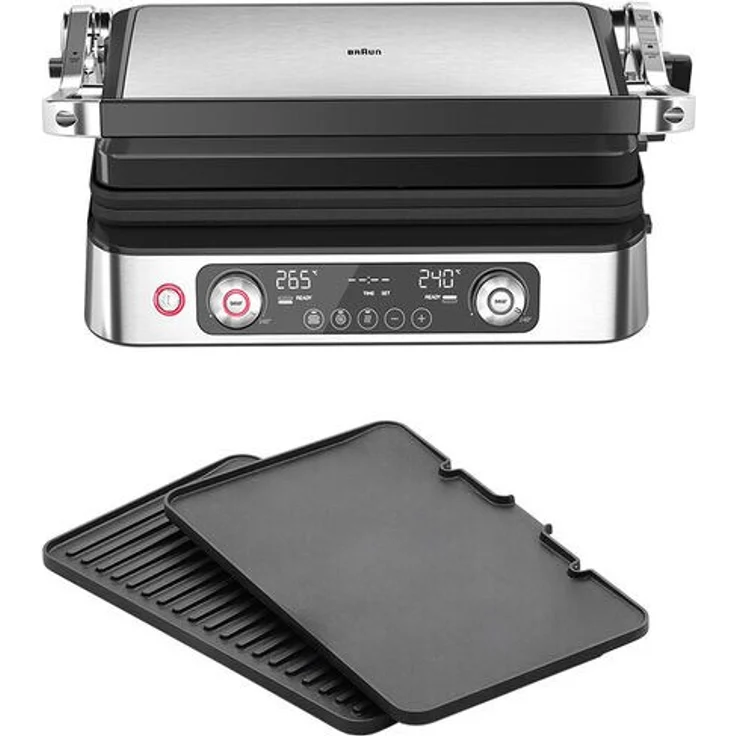Braun Multigrill 9 Pro CG9140, Elektrogrill mit 2 unabhängigen Thermostaten, 3 Kochpositionen, spülmaschinenfeste Platten, integrierte Thermosonde, 265° Höchsttemperatur, 2200 W, Schwarz/Edelstahl – Bild 1