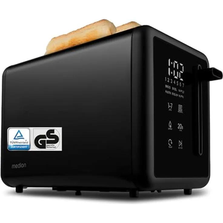 MEDION MD 12102 Toaster 2 Scheiben mit Brötchenaufsatz, 850 Watt, 7 Bräunungsstufen, Edelstahl Matt, schwarz