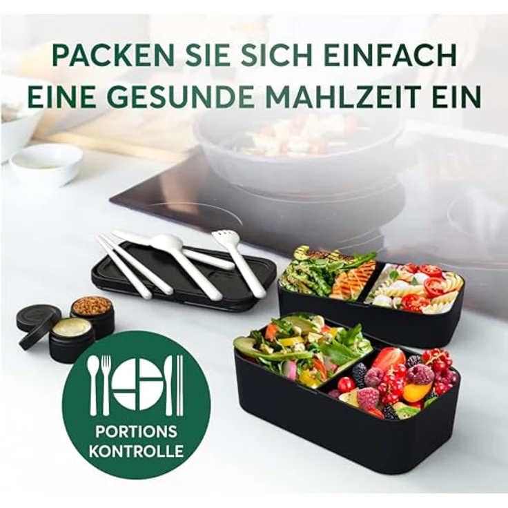 UMAMI Bento Lunchbox für Erwachsene, auslaufsichere Brotdose mit Besteck und 2 Saucenbehältern, ideal für Meal Prep und Snacks, doppelte Fächergestaltung – Bild 3