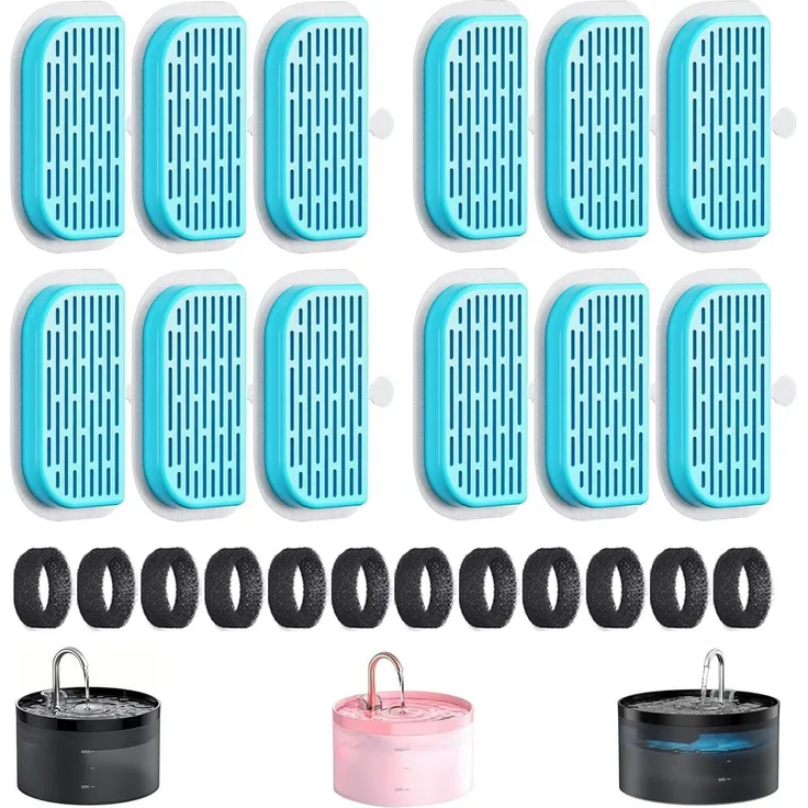 GIOTOHUN Katzenbrunnen Filter Set, 24 Stück - 12 Aktivkohlefilter + 12 Schaumstofffilter, kompatibel mit 2L/3.2L Trinkbrunnen, für frisches Wasser und Haarentfernung