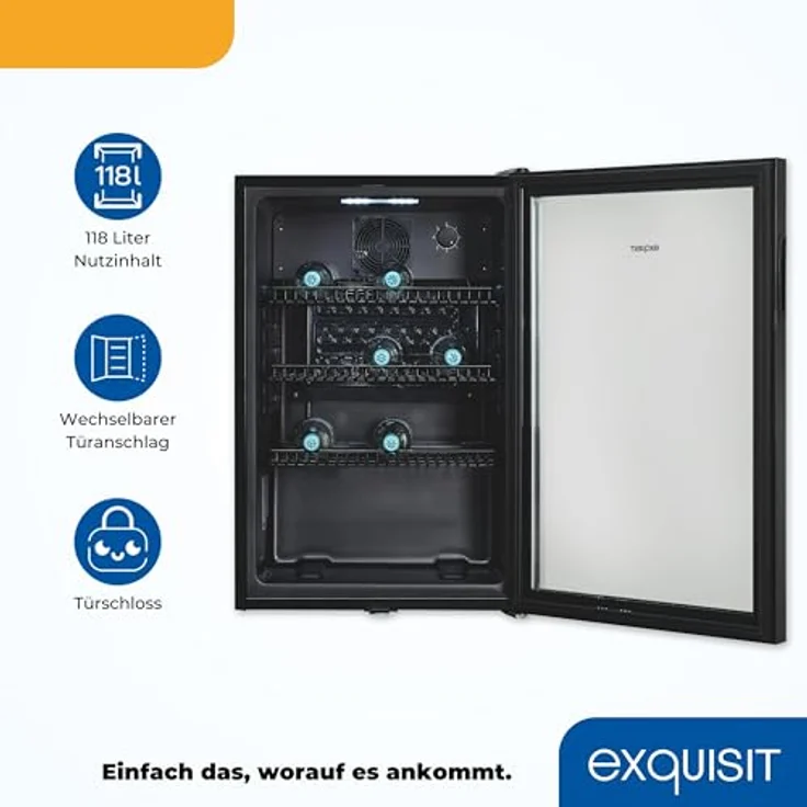 Exquisit Glastürkühlschrank GKS120-GT-160C schwarz | 118 L Nutzinhalt, Türschloss, 3 Gitterablagen, Umluftventilator, Standgerät - Preisvergleich – Bild 3