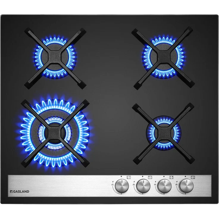 GASLAND Gas-Kochfeld GKS60, 60 cm Schwarz Glasherd mit Wok Brenner, 8000 Watt, LPG/Erdgas, 4 Kochzonen, Zündsicherung