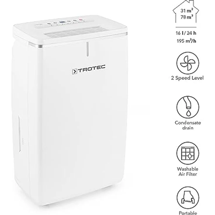 TROTEC TTK 53 E, elektrischer Luftentfeuchter mit 16 L/Tag, für Räume bis 31 m², Autoabschaltung, hygrostatgesteuerte Automatik – Bild 2