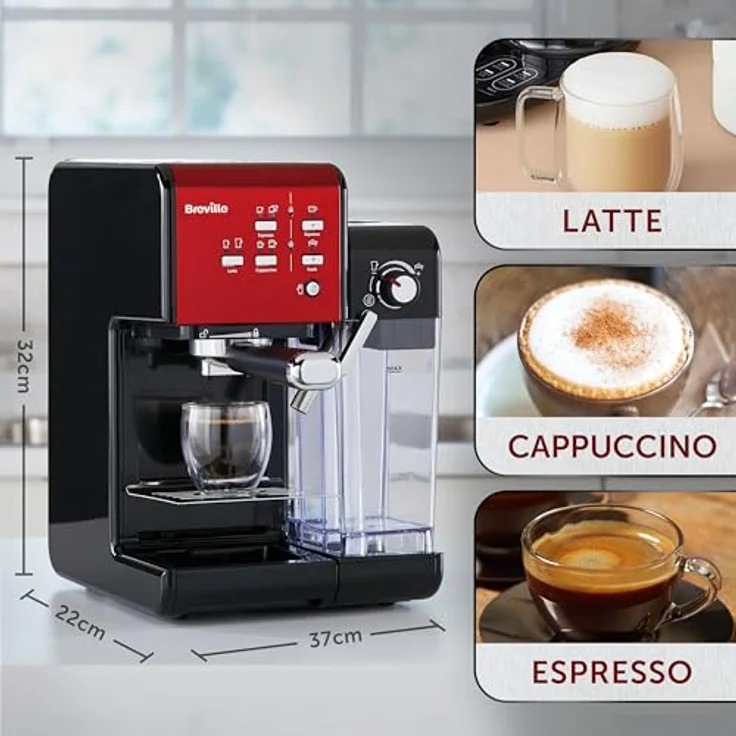 Breville PrimaLatte II Kaffee- und Espressomaschine VFC109X-01, 19 bar, für Kaffeepulver oder Pads geeignet, Integrierter automatischer Milchschäumer, schwarz-rot – Bild 3