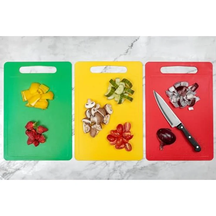 Chef Aid Schneidebretter-Set, 4 Stück, farbcodierte rutschfeste Kunststoffbretter mit Griff, lebensmittelecht und spülmaschinengeeignet, 35 × 25 cm – Bild 5