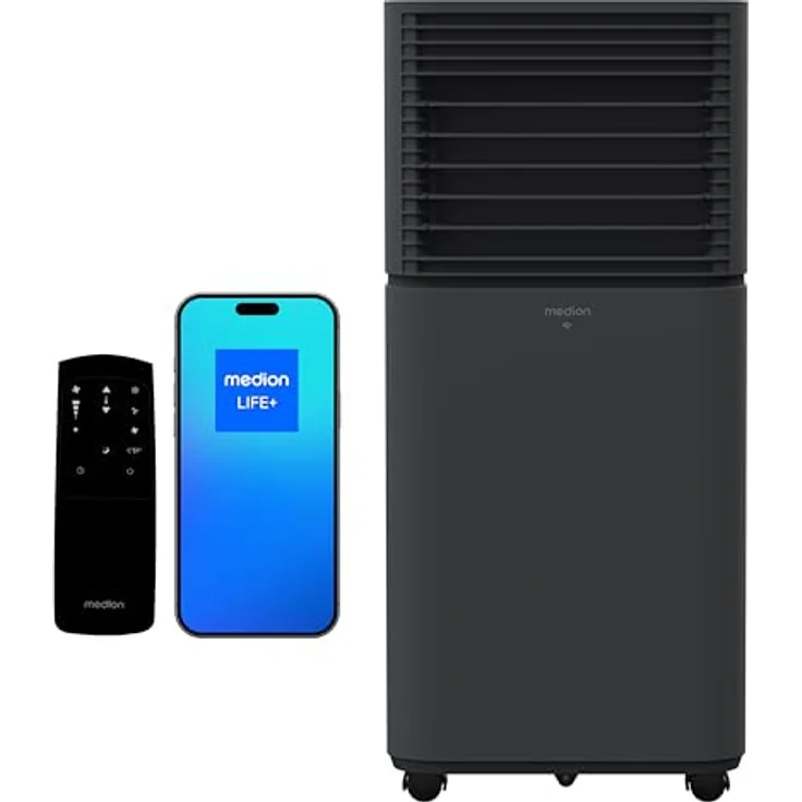 MEDION Smarte Mobile Klimaanlage P701, 7000 BTU, 3in1 Kühlen Entfeuchten Ventilieren, App- und Sprachsteuerung, bis 25m², dunkelgrau – Bild 1