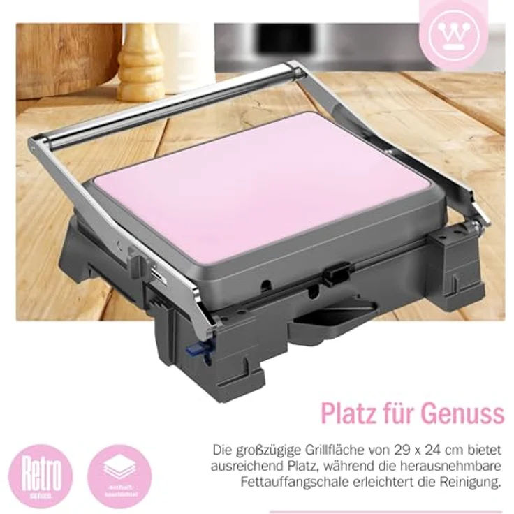 Westinghouse Kontaktgrill WKCG907PK, 2200 W, Antihaftbeschichtung, höhenverstelbar, 29 x 24 cm Grillfläche, Retro-Design, Edelstahlgehäuse – Bild 5