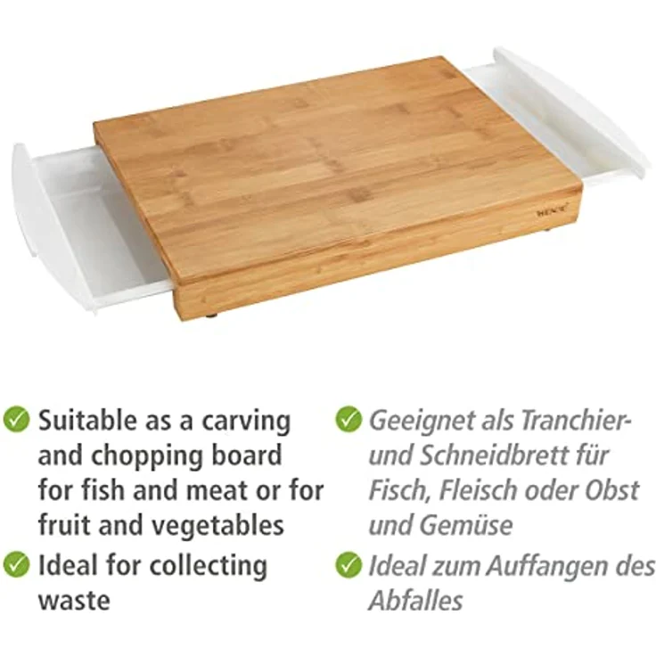 WENKO 53035100 Schneidebrett Bina, Küchenbrett, Schneidebrett mit 2 ausziehbaren Auffangschalen-Tabletts, Bambus, 40.5 x 4 x 25 cm, Braun – Bild 5