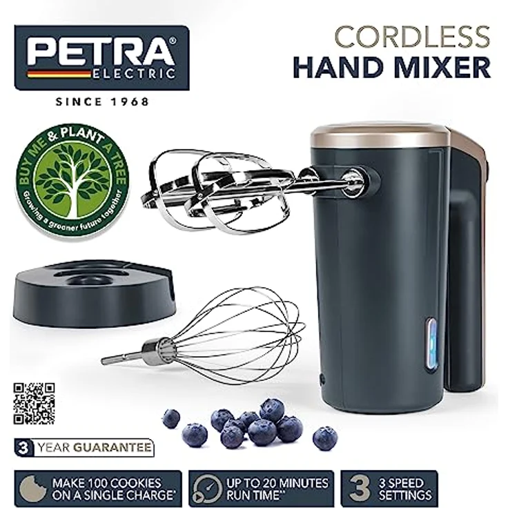 Petra PT5395BGRYVDE Kabellos Handmischer– Anti-Rutsch-Aufbewahrungsbasis, 3 Geschwindigkeitslevel, 2 Mischquirle & Schneebesen aus Edelstahl, Auswurffunktion, LED-Anzeige, wiederaufladbarer 7,2V Akku – Bild 2
