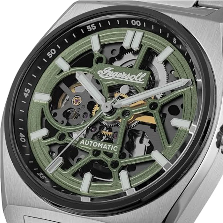 Ingersoll The Vert, Automatikuhr Herren 43mm mit grünem Zifferblatt und silberfarbenem Edelstahlarmband, skelettiertes Uhrwerk, wasserdicht bis 50m – Bild 2