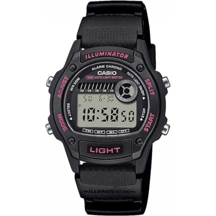 Casio W-220H-1A2VEF, Quarzuhr Alarm-Chrono für Damen und Jugendliche, digitales Zifferblatt, schwarz mit Kunststoffarmband