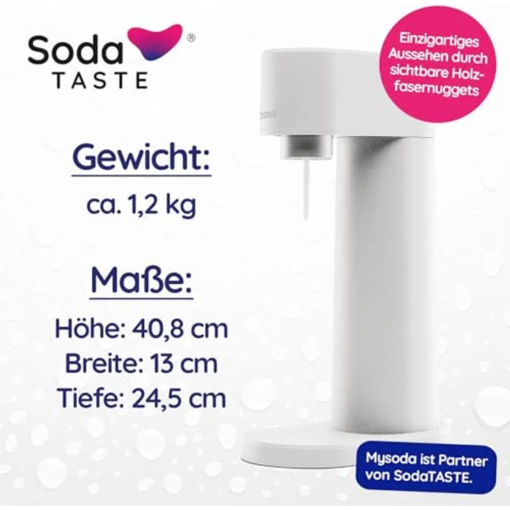 SodaTASTE Sparpaket: Mysoda Woody - Wassersprudler aus erneuerbarem Holzkomposit mit 1L BPA-freier Plastikflasche, CO2-Zylinder Classic + CO2-Zylinder Limette (Weiß) – Bild 3